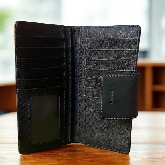 Fossil Brown and Black Spotted Animal Leather Long Wallet Snap Close 7x3.5x1 - Picture 3 of 6